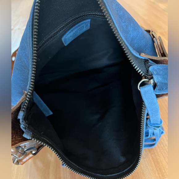 Laggo Blue Leather Crossbody Bag Whipstitch Pocket Boho Hobo Shoulder - Picture 12 of 16